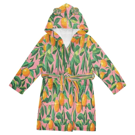 FORMRS Niños Bathrobe Unisex Hooded Robe Soft Plush Pajamas Sleepwear, Size 10-12T, Pink Oranges