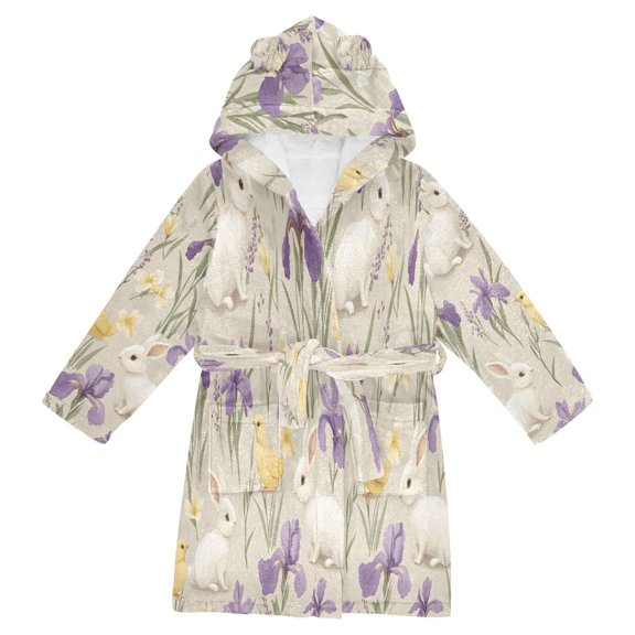 FORMRS Niños Bathrobe Unisex Hooded Robe Soft Plush Pajamas Sleepwear, Size 10-12T, Purple Floral Rabbit