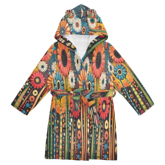 FORMRS Niños Bathrobe Unisex Hooded Robe Soft Plush Pajamas Sleepwear, Size 10-12T, Red Colorful Flowers with Dots