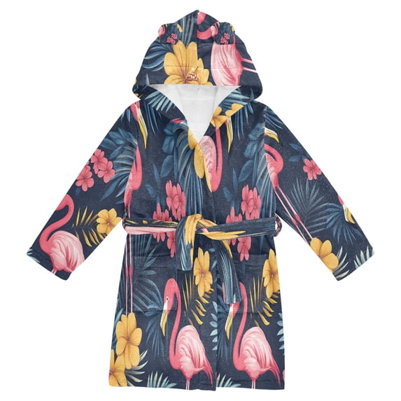 FORMRS Niños Bathrobe Unisex Hooded Robe Soft Plush Pajamas Sleepwear, Size 10-12T, Red Floral Flamingo