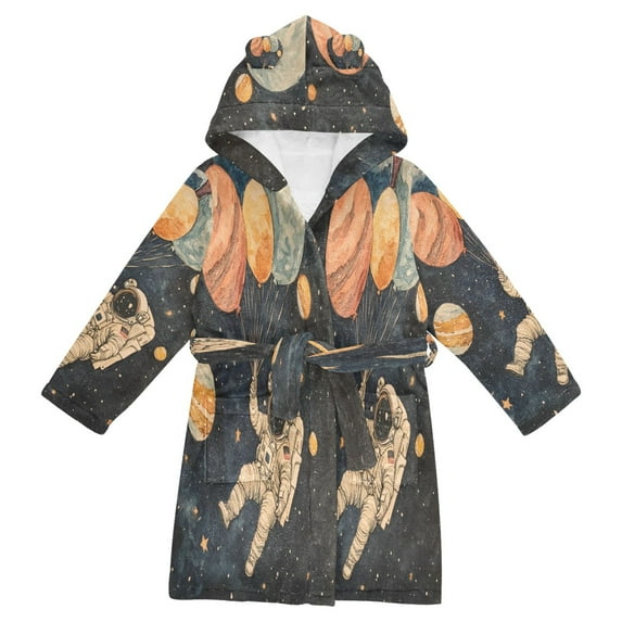 FORMRS Niños Bathrobe Unisex Hooded Robe Soft Plush Pajamas Sleepwear, Size 10-12T, Retro Watercolor Planet
