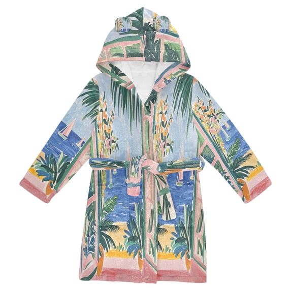 FORMRS Niños Bathrobe Unisex Hooded Robe Soft Plush Pajamas Sleepwear, Size 10-12T, Seaside Leaves