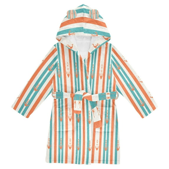 FORMRS Kids Bathrobe Unisex Hooded Robe Toddler Pajamas Sleepwear, Size 10-12T, Simple Nautical Pattern