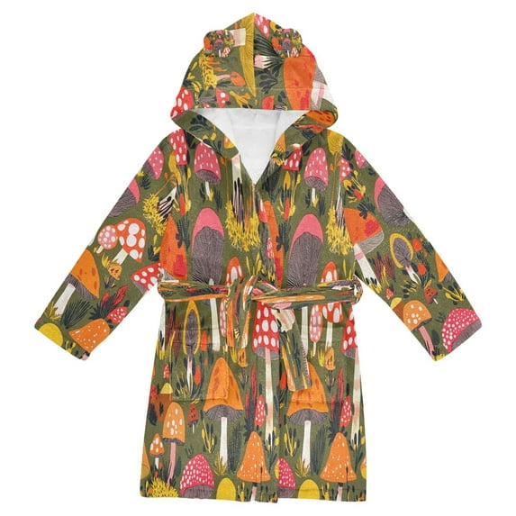 FORMRS Niños Bathrobe Unisex Hooded Robe Soft Plush Pajamas Sleepwear, Size 10-12T, Vibrant Mushroom