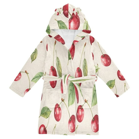 FORMRS Niños Bathrobe Unisex Hooded Robe Soft Plush Pajamas Sleepwear, Size 10-12T, Watercolor Cherry