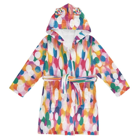 FORMRS Niños Bathrobe Unisex Hooded Robe Soft Plush Pajamas Sleepwear, Size 10-12T, White Colorful Circles
