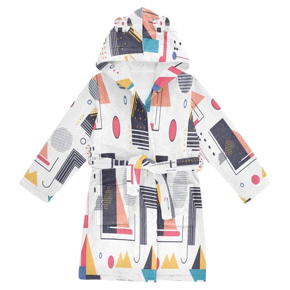 FORMRS Niños Bathrobe Unisex Hooded Robe Soft Plush Pajamas Sleepwear, Size 10-12T, White Simple Shapes