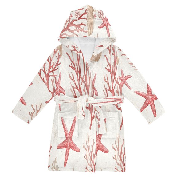 FORMRS Niños Bathrobe Unisex Hooded Robe Soft Plush Pajamas Sleepwear, Size 10-12T, White Starfish