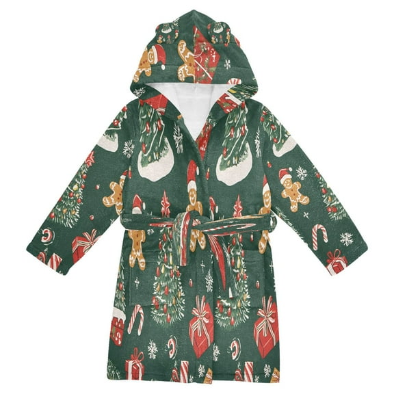 FORMRS Niños Bathrobe Unisex Hooded Robe Soft Plush Pajamas Sleepwear, Size 10-12T, Yellow Christmas Gingerbread