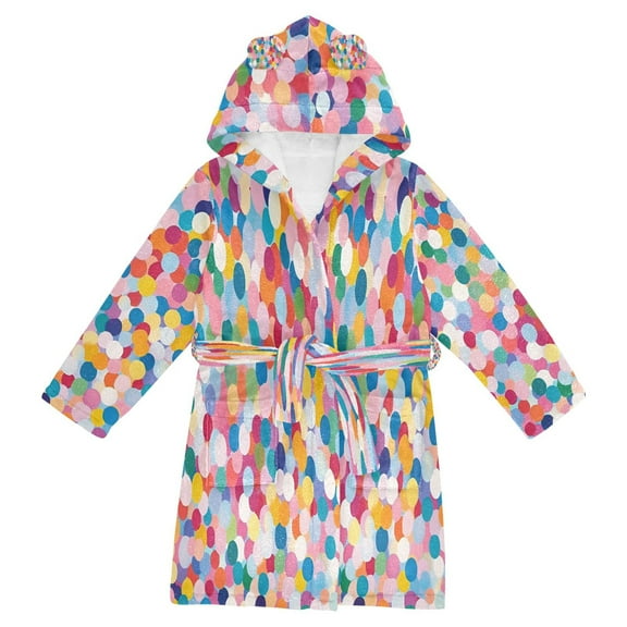 FORMRS Niños Bathrobe Unisex Hooded Robe Soft Plush Pajamas Sleepwear, Size 10-12T, Yellow Colorful Circles