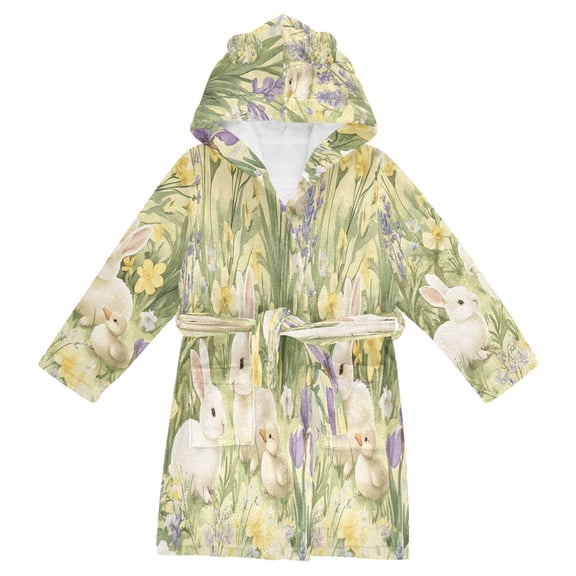 FORMRS Niños Bathrobe Unisex Hooded Robe Soft Plush Pajamas Sleepwear, Size 10-12T, Yellow Floral Rabbit