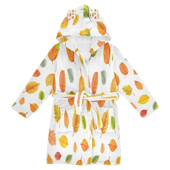 FORMRS Niños Bathrobe Unisex Hooded Robe Soft Plush Pajamas Sleepwear, Size 10-12T, Yellow Leaves