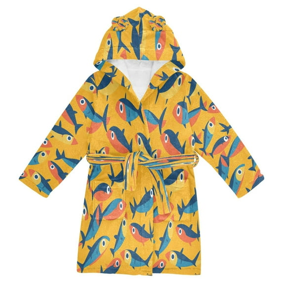 FORMRS Niños Bathrobe Unisex Hooded Robe Soft Plush Pajamas Sleepwear, Size 10-12T, Yellow Sardines Pattern