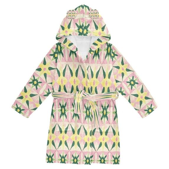 FORMRS Niños Bathrobe Unisex Hooded Robe Soft Plush Pajamas Sleepwear, Size 10-12T, Yellow Symmetrical Stars