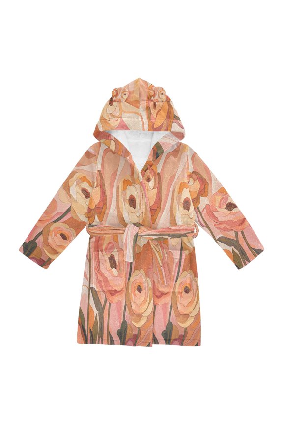 Niños Bathrobe Unisex Hooded Robe Soft Plush Pajamas Sleepwear, Size 2-3T, Abstract Orange Flowers