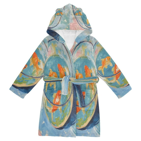 FORMRS Niños Bathrobe Unisex Hooded Robe Soft Plush Pajamas Sleepwear, Size 2-3T, Art Goldfish