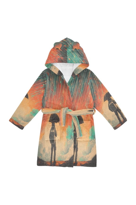 Niños Bathrobe Unisex Hooded Robe Soft Plush Pajamas Sleepwear, Size 2-3T, Astronaut in Rain