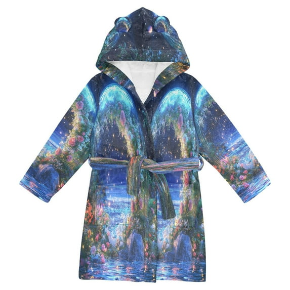 FORMRS Niños Bathrobe Unisex Hooded Robe Soft Plush Pajamas Sleepwear, Size 2-3T, Beautiful Floral Moon