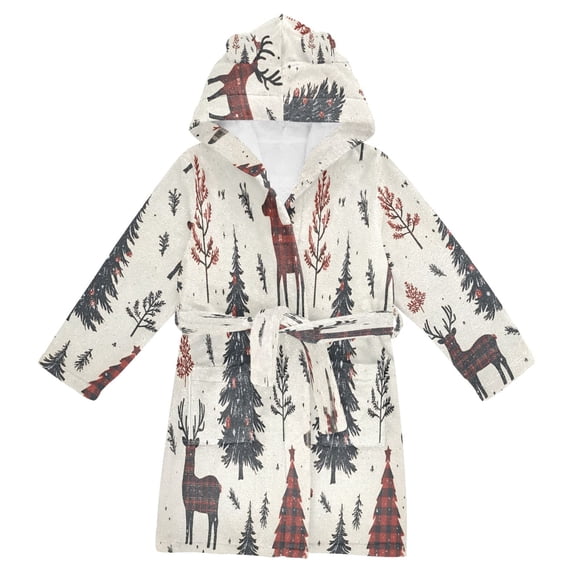FORMRS Niños Bathrobe Unisex Hooded Robe Soft Plush Pajamas Sleepwear, Size 2-3T, Beige Christmas Forest