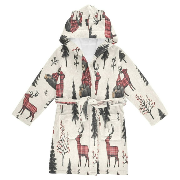 FORMRS Niños Bathrobe Unisex Hooded Robe Soft Plush Pajamas Sleepwear, Size 2-3T, Beige Christmas Plaid