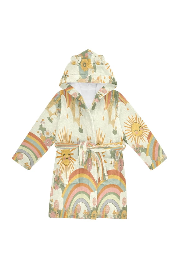 Niños Bathrobe Unisex Hooded Robe Soft Plush Pajamas Sleepwear, Size 2-3T, Beige Clouds