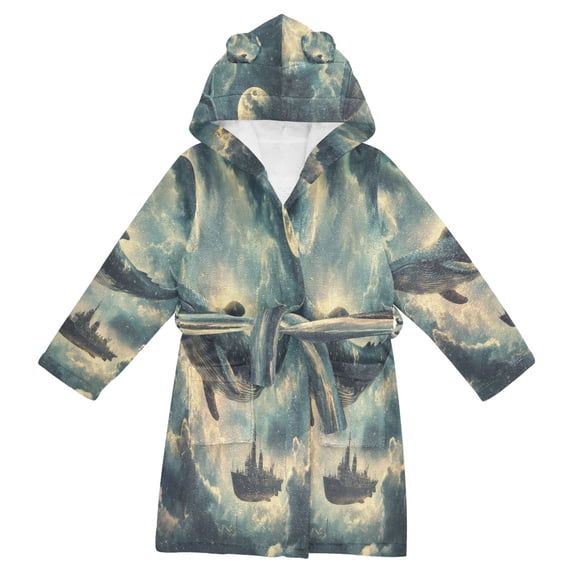 FORMRS Niños Bathrobe Unisex Hooded Robe Soft Plush Pajamas Sleepwear, Size 2-3T, Beige Floating Whale