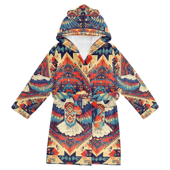 FORMRS Niños Bathrobe Unisex Hooded Robe Soft Plush Pajamas Sleepwear, Size 2-3T, Beige Geometric Eagle
