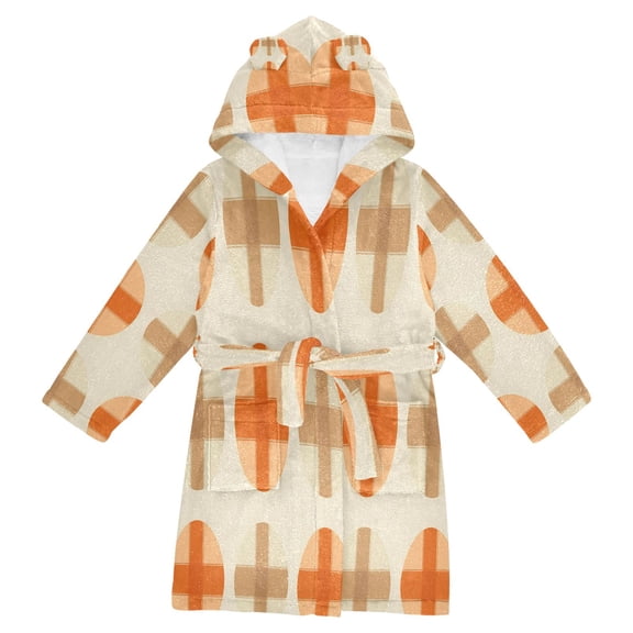 FORMRS Niños Bathrobe Unisex Hooded Robe Soft Plush Pajamas Sleepwear, Size 2-3T, Beige Geometric Pattern