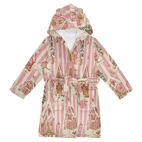 FORMRS Niños Bathrobe Unisex Hooded Robe Soft Plush Pajamas Sleepwear, Size 2-3T, Beige Gingerbread Houses