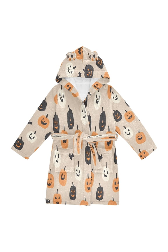 Niños Bathrobe Unisex Hooded Robe Soft Plush Pajamas Sleepwear, Size 2-3T, Beige Halloween Pumpkin