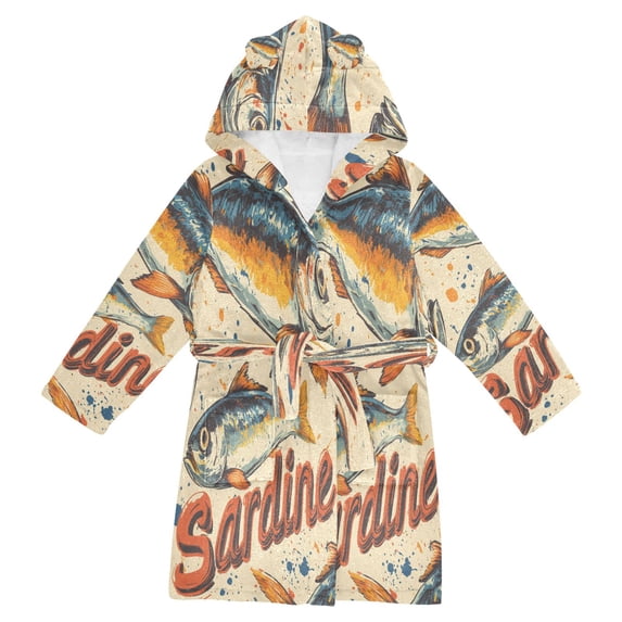 FORMRS Niños Bathrobe Unisex Hooded Robe Soft Plush Pajamas Sleepwear, Size 2-3T, Beige Sardines Pattern