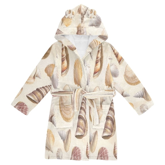 FORMRS Niños Bathrobe Unisex Hooded Robe Soft Plush Pajamas Sleepwear, Size 2-3T, Beige Watercolor Seashells