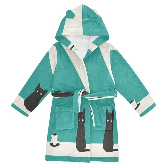 FORMRS Niños Bathrobe Unisex Hooded Robe Soft Plush Pajamas Sleepwear, Size 2-3T, Black Cat and Coffee