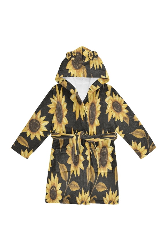 Niños Bathrobe Unisex Hooded Robe Soft Plush Pajamas Sleepwear, Size 2-3T, Black Sunflower Pattern