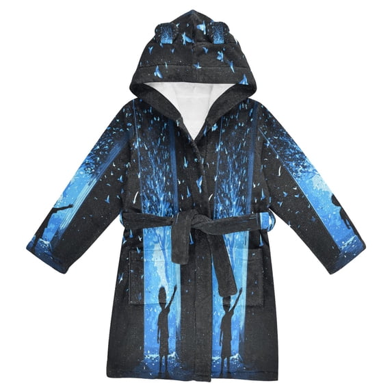 FORMRS Niños Bathrobe Unisex Hooded Robe Soft Plush Pajamas Sleepwear, Size 2-3T, Blue Butterfly