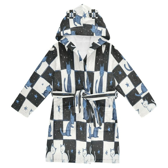 FORMRS Niños Bathrobe Unisex Hooded Robe Soft Plush Pajamas Sleepwear, Size 2-3T, Blue Cat Stars