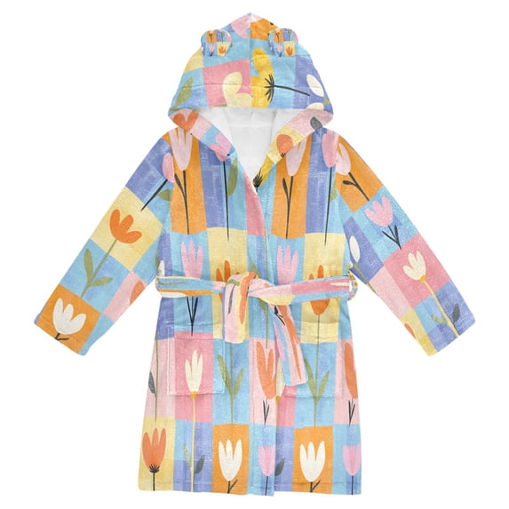 FORMRS Niños Bathrobe Unisex Hooded Robe Soft Plush Pajamas Sleepwear, Size 2-3T, Blue Flowers