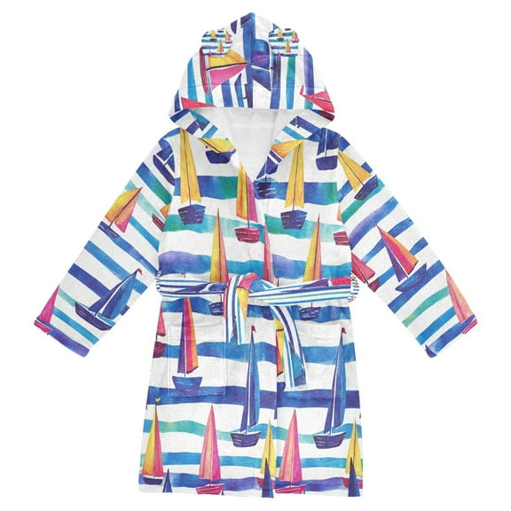 FORMRS Niños Bathrobe Unisex Hooded Robe Soft Plush Pajamas Sleepwear, Size 2-3T, Blue Hand Drawn Sailboats