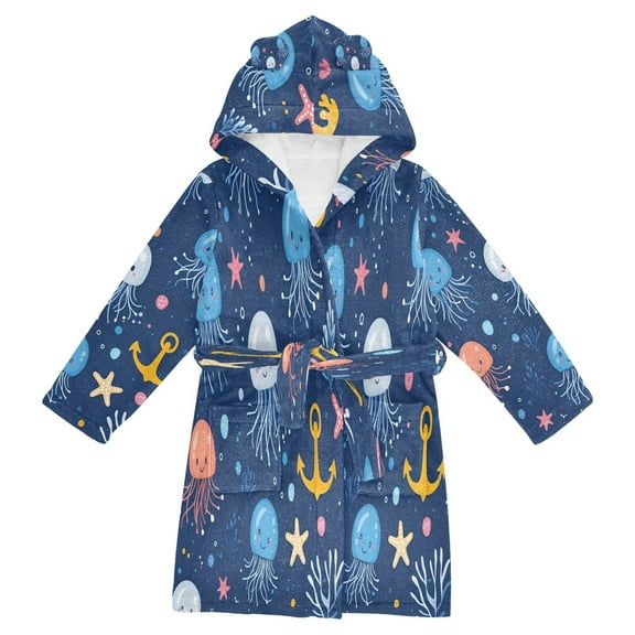 FORMRS Niños Bathrobe Unisex Hooded Robe Soft Plush Pajamas Sleepwear, Size 2-3T, Blue Jellyfish