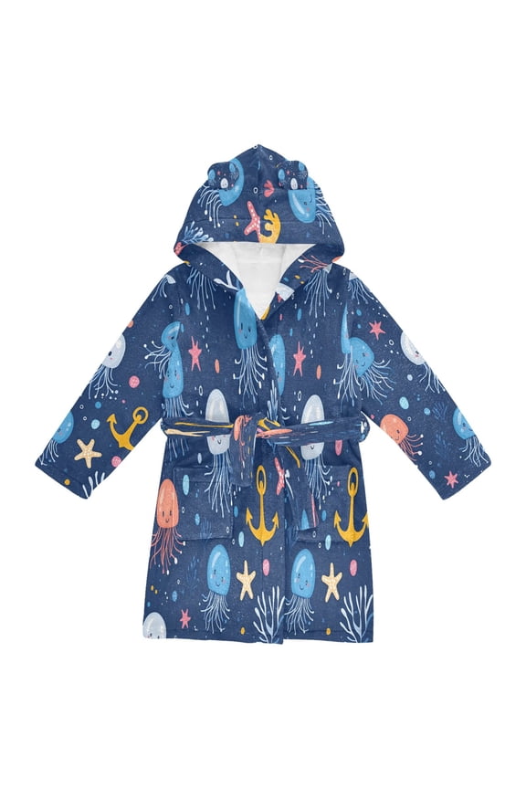 Niños Bathrobe Unisex Hooded Robe Soft Plush Pajamas Sleepwear, Size 2-3T, Blue Jellyfish