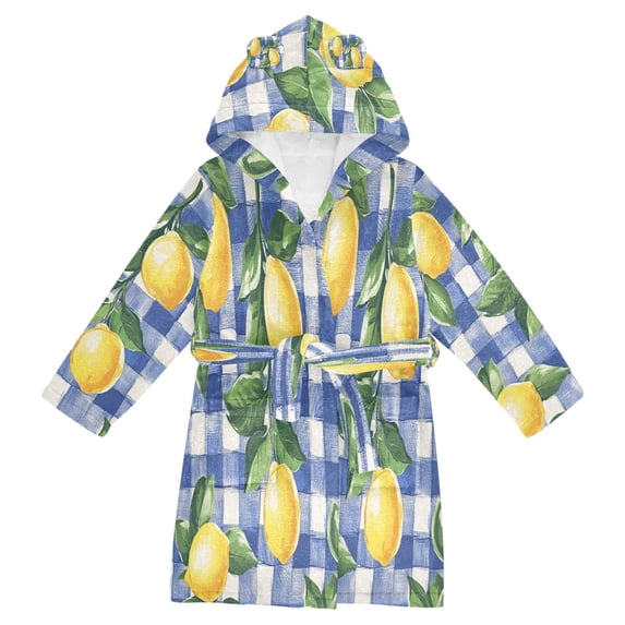 FORMRS Niños Bathrobe Unisex Hooded Robe Soft Plush Pajamas Sleepwear, Size 2-3T, Blue Plaid Lemon