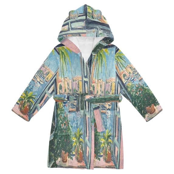 FORMRS Niños Bathrobe Unisex Hooded Robe Soft Plush Pajamas Sleepwear, Size 2-3T, Blue Sea Boat