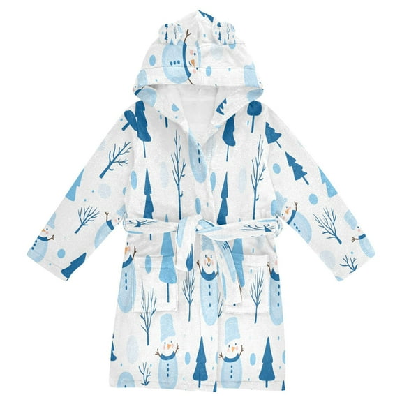 FORMRS Niños Bathrobe Unisex Hooded Robe Soft Plush Pajamas Sleepwear, Size 2-3T, Blue Simple Cartoon Snowmen