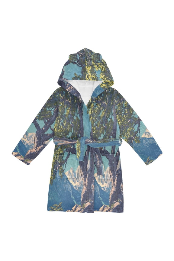 Niños Bathrobe Unisex Hooded Robe Soft Plush Pajamas Sleepwear, Size 2-3T, Blue Tree