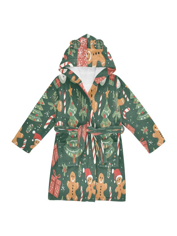 Niños Bathrobe Unisex Hooded Robe Soft Plush Pajamas Sleepwear, Size 2-3T, Brown Christmas Gingerbread