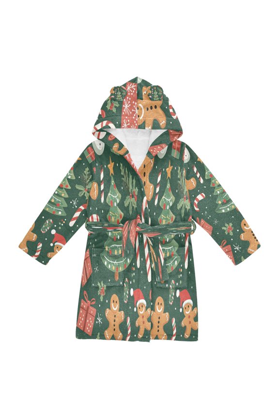 Niños Bathrobe Unisex Hooded Robe Soft Plush Pajamas Sleepwear, Size 2-3T, Brown Christmas Gingerbread