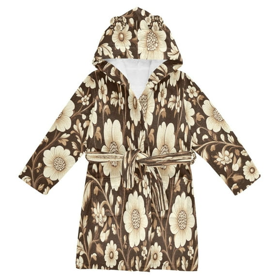 FORMRS Niños Bathrobe Unisex Hooded Robe Soft Plush Pajamas Sleepwear, Size 2-3T, Brown Floral