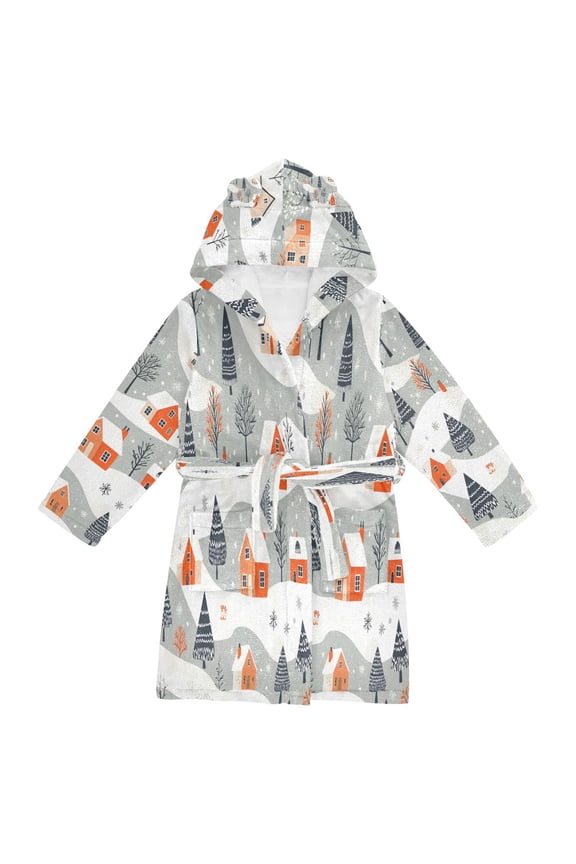 Niños Bathrobe Unisex Hooded Robe Soft Plush Pajamas Sleepwear, Size 2-3T, Cartoon Orange Houses