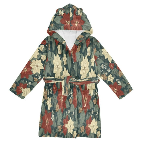FORMRS Niños Bathrobe Unisex Hooded Robe Soft Plush Pajamas Sleepwear, Size 2-3T, Christmas Blooms