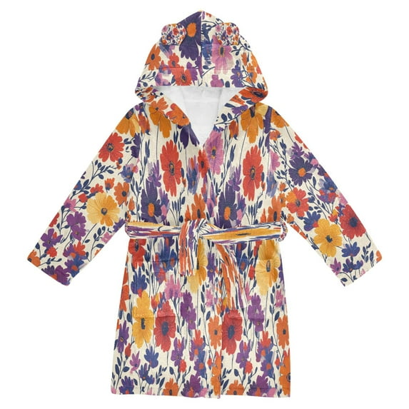 FORMRS Niños Bathrobe Unisex Hooded Robe Soft Plush Pajamas Sleepwear, Size 2-3T, Colorful Flowers Pattern